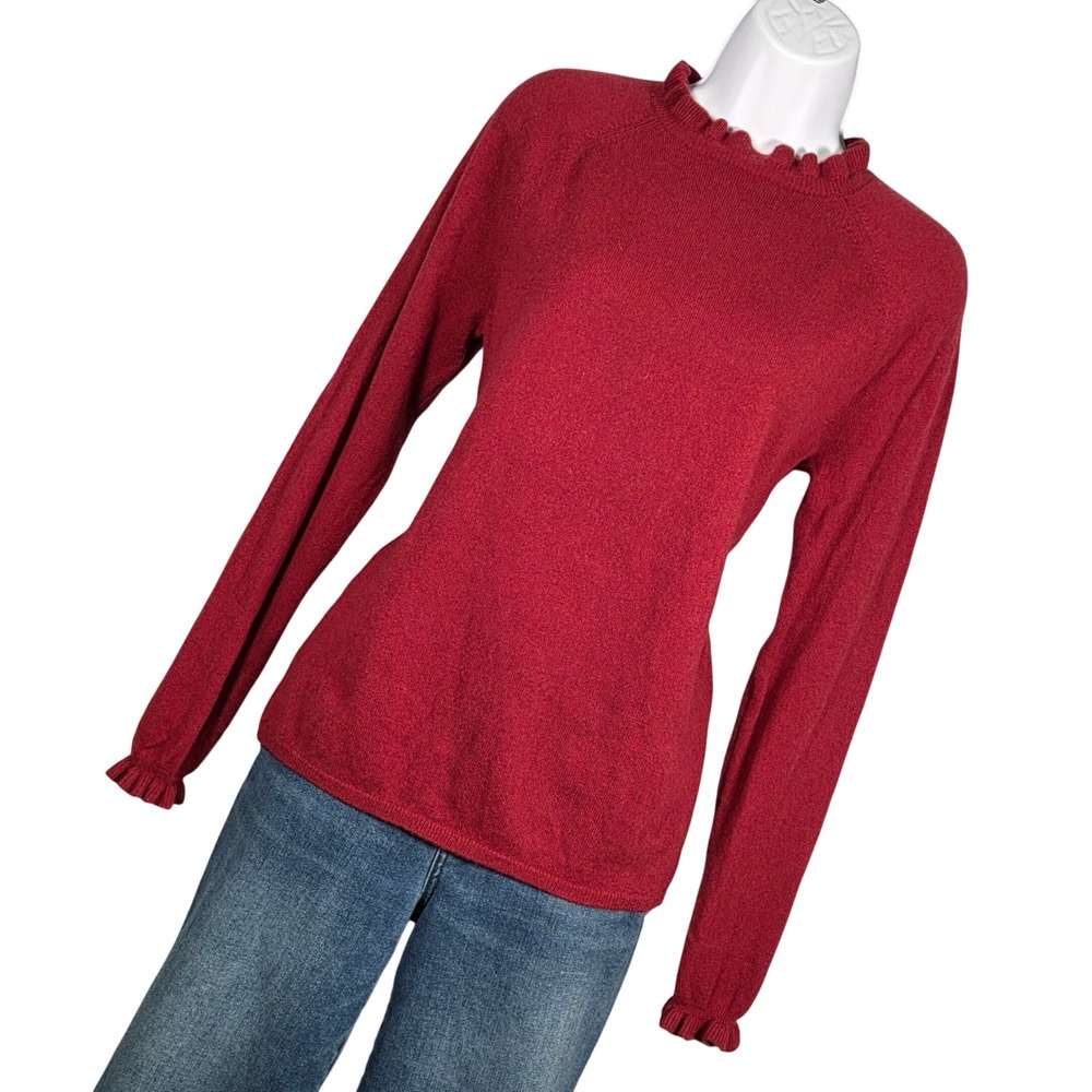 Garnet Hill Pure Cashmere Ruffle Trim Sweater Women Medium Red Long Sleeve